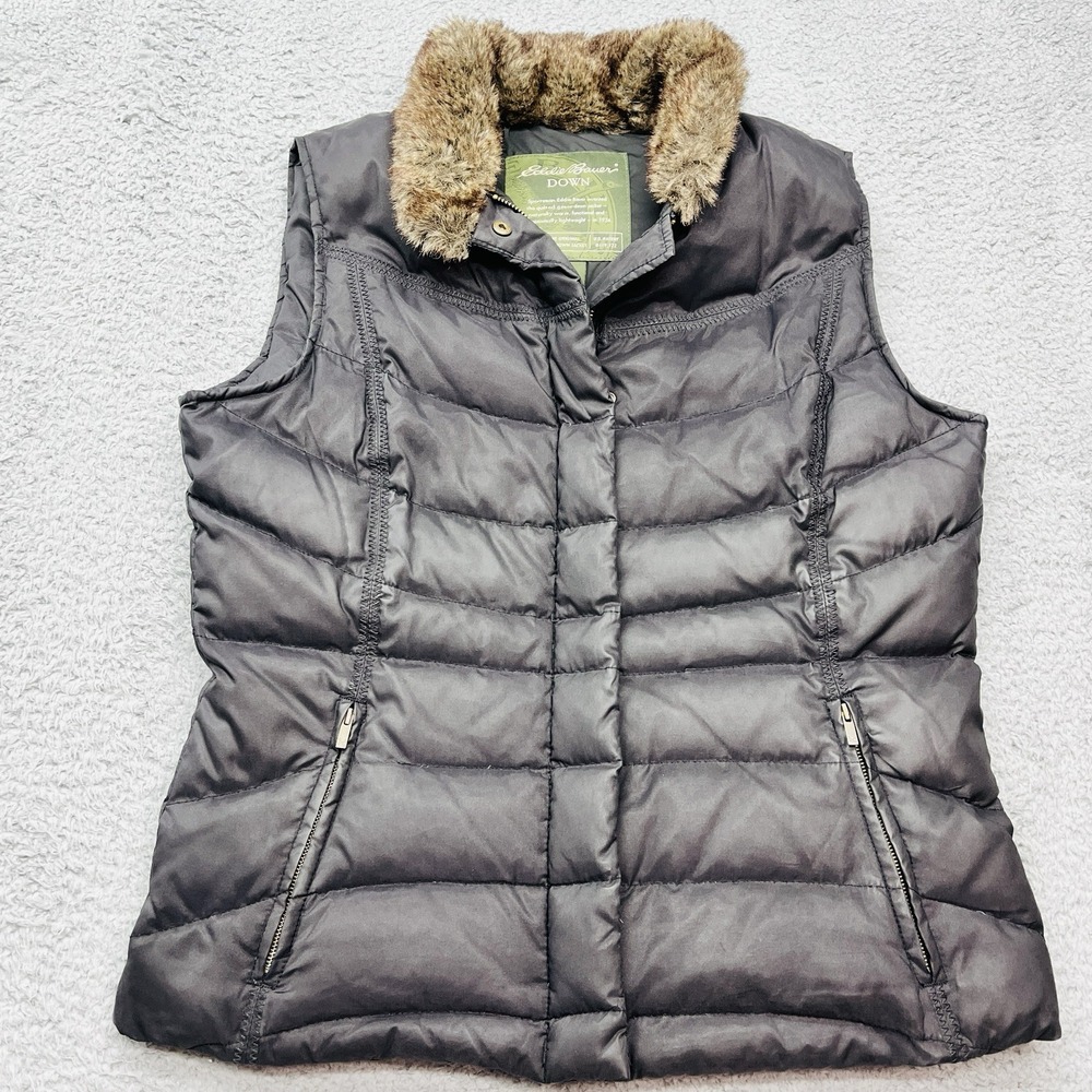 Eddie Bauer Goose Down Quilted Puffer Vest Womens M Faux Fur Collar GorpCore‎